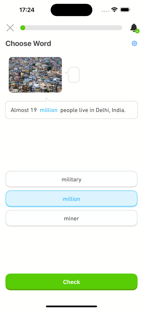 4000 Essential English Words ⑵ - Una pantalla de prueba de vocabulario de la aplicación que muestra una pregunta de opción múltiple con la palabra millón.