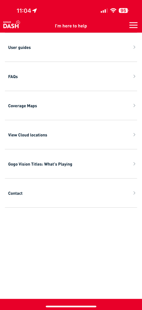 Gogo DASH (Biz Av) - Gogo DASH help menu screen with links to user guides FAQs and coverage maps