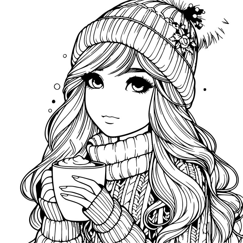 relistic girl in winter clothes holding a hot chocolate mug with long hair
