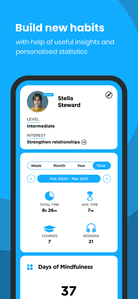 Tela do celular mostrando estatísticas de meditação personalizadas e acompanhamento de hábitos para o The Mindfulness App.