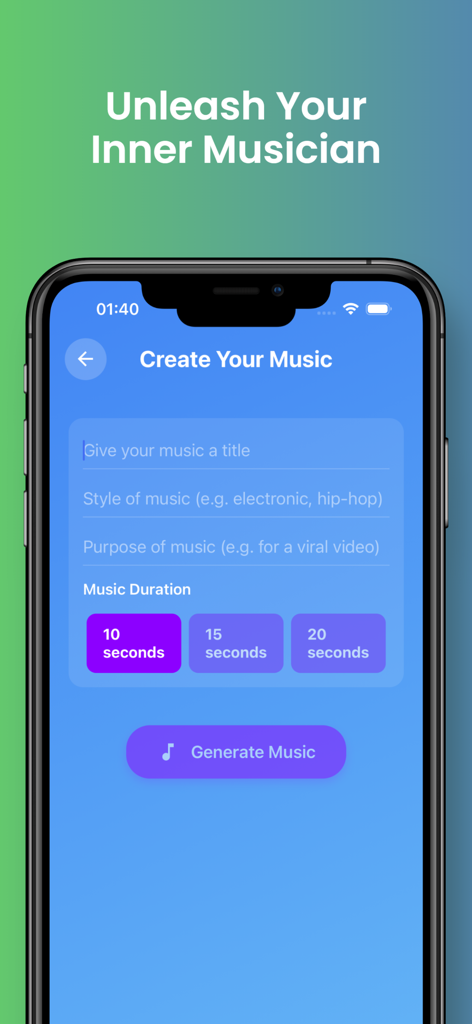 Riffusion: Songify Text AI - Interfaz de la aplicación Riffusion que muestra campos de entrada de texto para el estilo musical y la selección de duración para generar música de IA