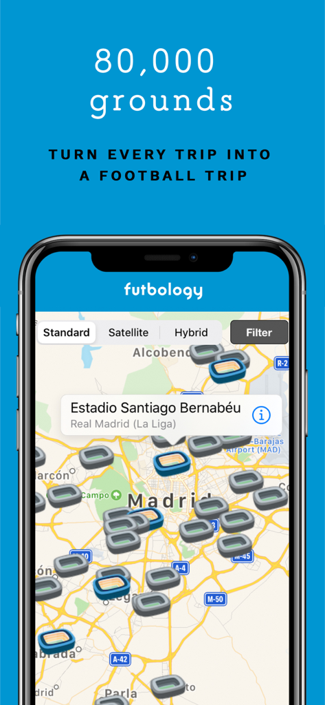 Futbology - Futbology app showing a map of football grounds in Madrid featuring Estadio Santiago Bernabeu