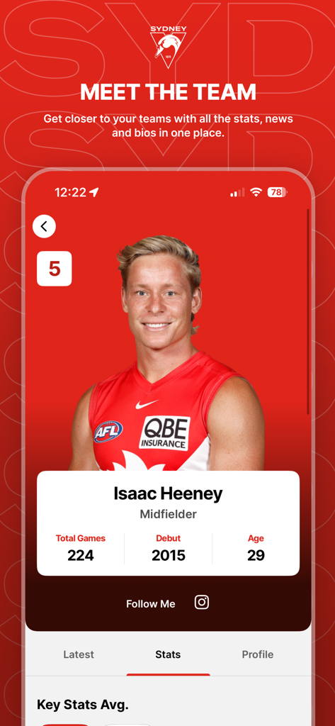 Sydney Swans Official App - Sydney Swans Official App showing player profile and stats for Isaac Heeney