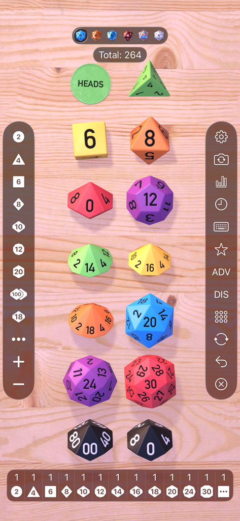 A collection of colorful 3D polyhedral dice and a coin on a wooden background in the Dice by PCalc app
