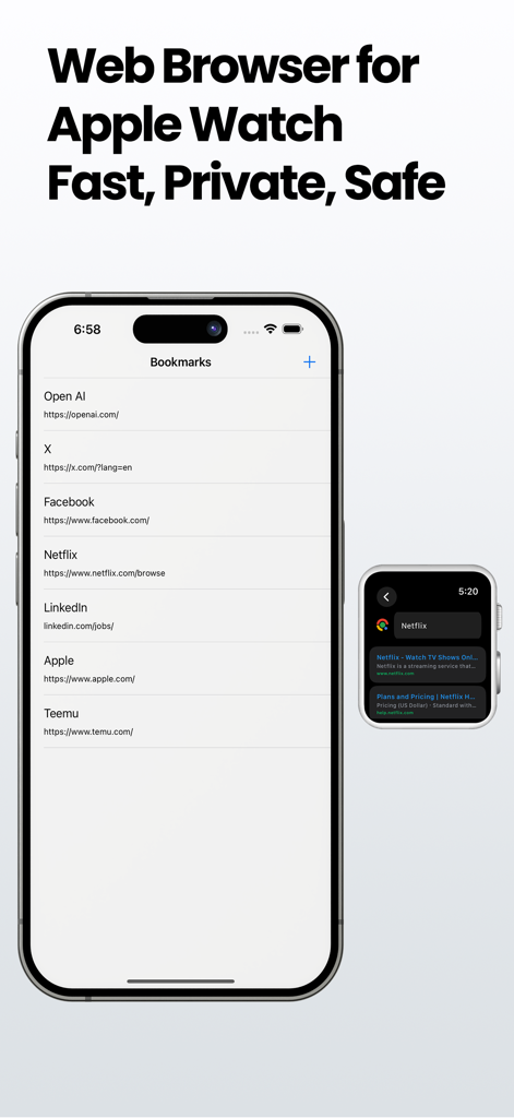 Watch Web Browser for Google - Interfaz de iPhone mostrando marcadores web y Apple Watch mostrando resultados de búsqueda para Netflix