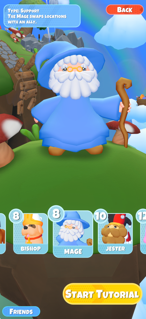 Chess Ultimate - Pantalla de selección de personaje en Chess Ultimate con un mago azul y la lista de personajes.