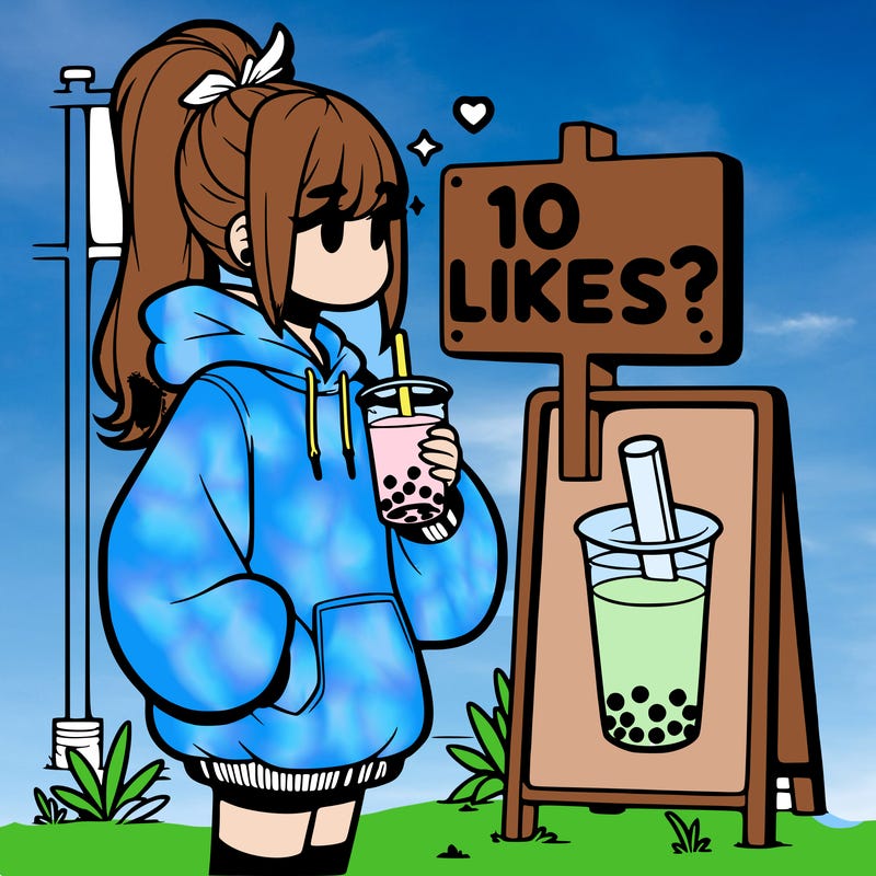 girl with oversized hoodie drinking boba and she has a high ponytail with a sign that says 10likes?