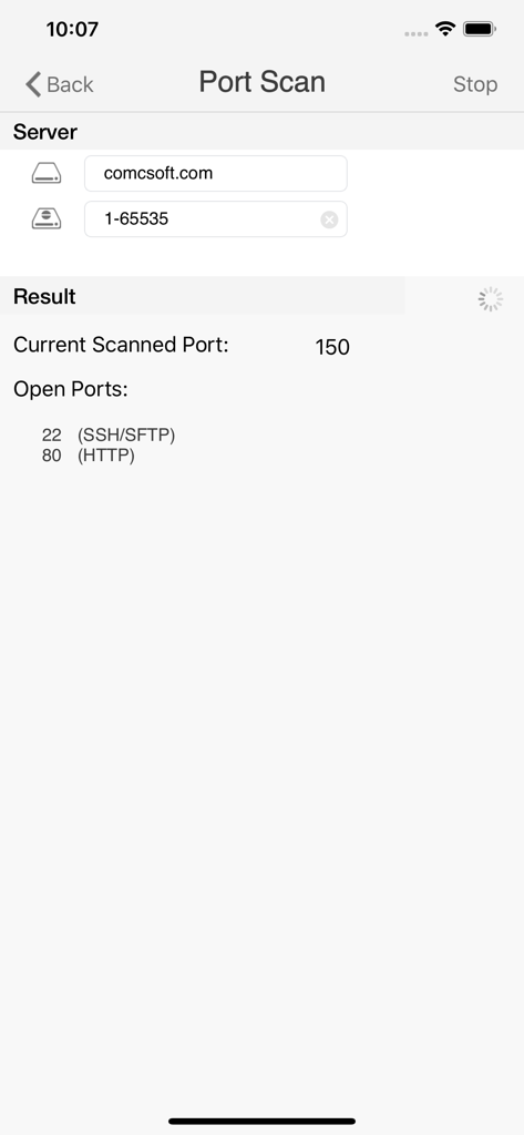 iNetTools - Ping,DNS,Port Scan - Interface de port scan do iNetTools mostrando portas SSH e HTTP abertas para um servidor