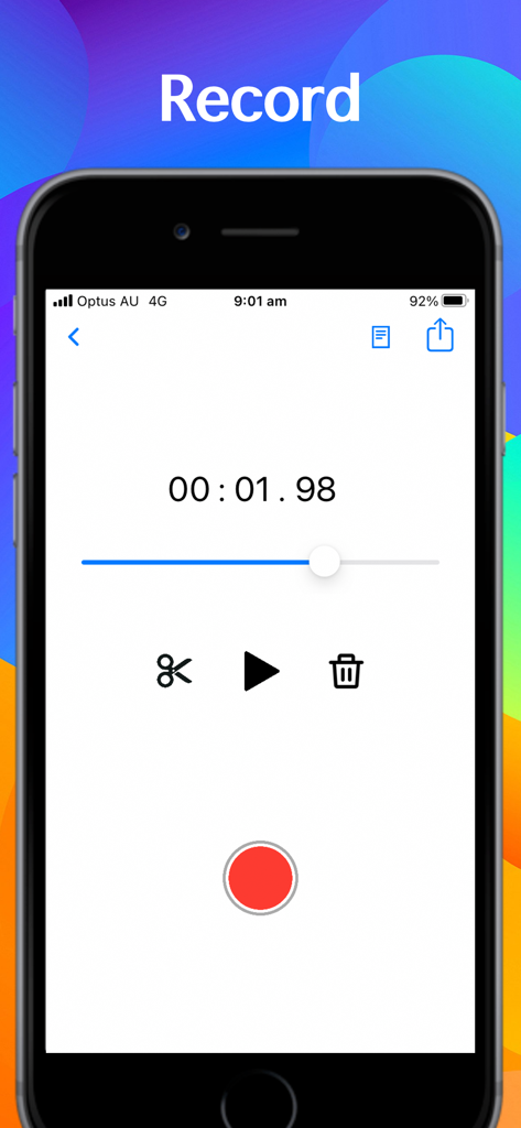Voice Memo, Voice to Texts app - タイマーと再生コントロールが表示されたiPhone上のボイスレコーディングアプリのインターフェース