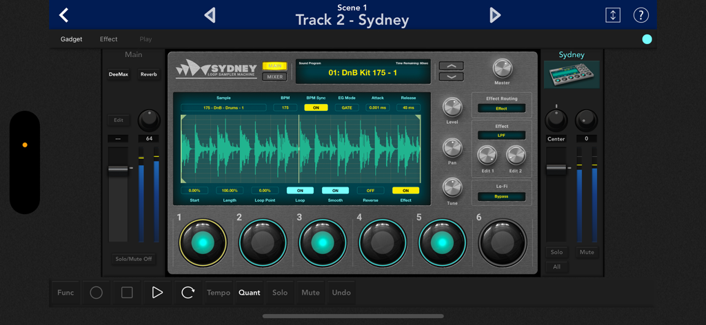 KORG Gadget 3 - Interfaccia della macchina sampler loop Sydney di KORG Gadget 3 che mostra una forma d'onda e controlli di produzione