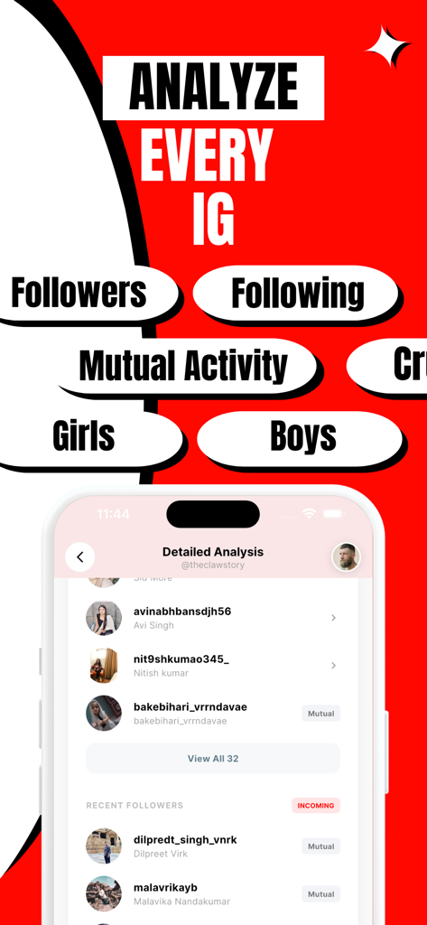 Red Flag: AI Follower Tracker - Red Flag app interface showing a detailed Instagram follower analysis report with mutual activity and recent follower lists.