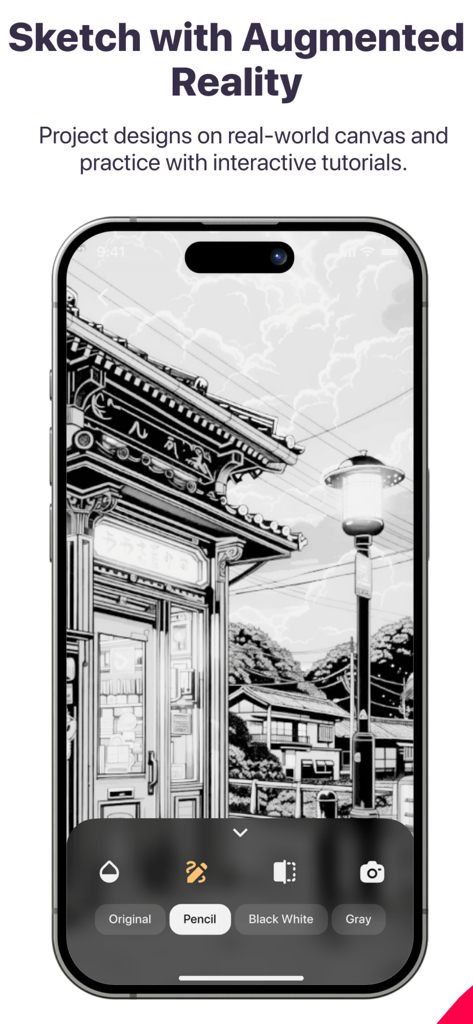 Sketchify - AR Drawing Lessons - Écran de smartphone montrant un croquis en réalité augmentée d'une scène de rue japonaise détaillée avec des outils de dessin interactifs.