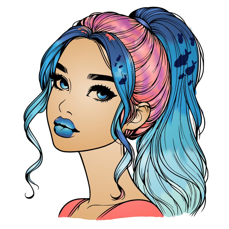 realistic girl with a ponytail on her hair and lips