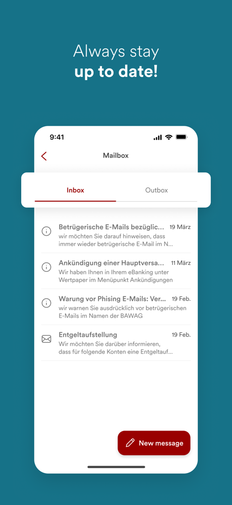 BAWAG Banking App - Screenshot of the BAWAG Banking App mailbox interface showing a list of inbox messages and a button to compose a new message.