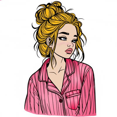 realistic woman with pajamas on and a messy bun