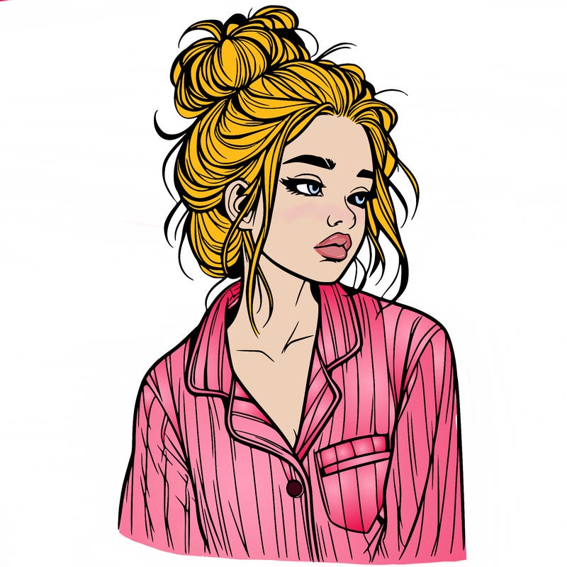 realistic woman with pajamas on and a messy bun