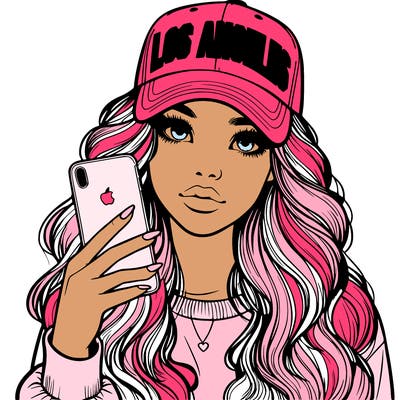realistic beautiful girl wearing los ángeles cap holding an iphone