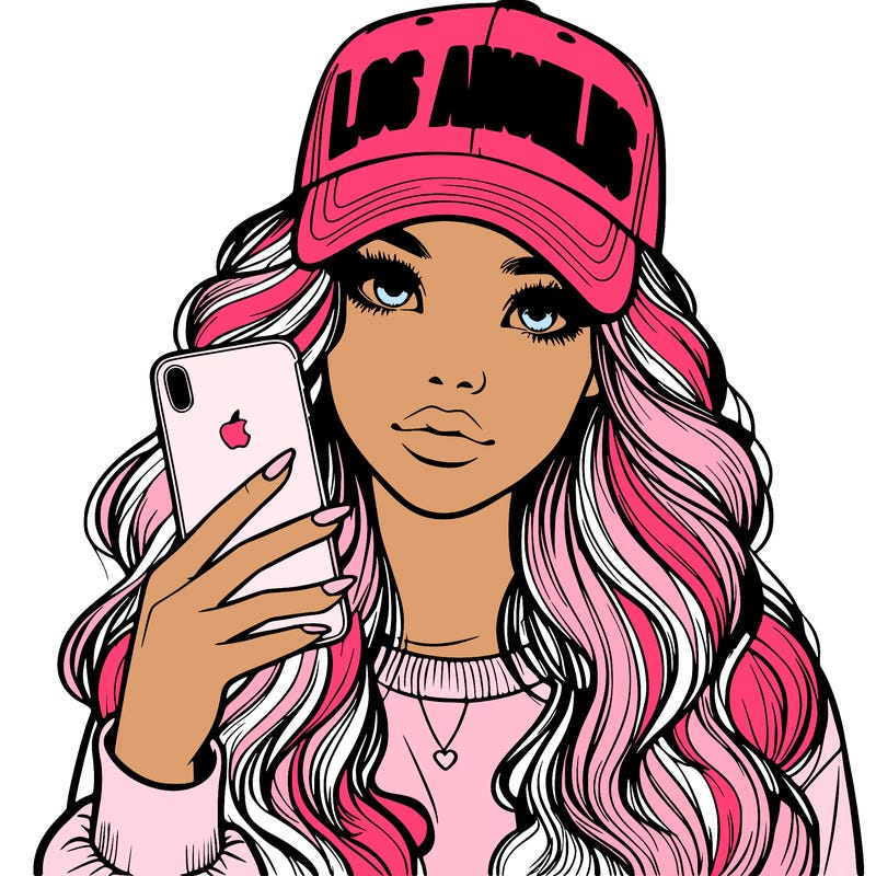 realistic beautiful girl wearing los ángeles cap holding an iphone