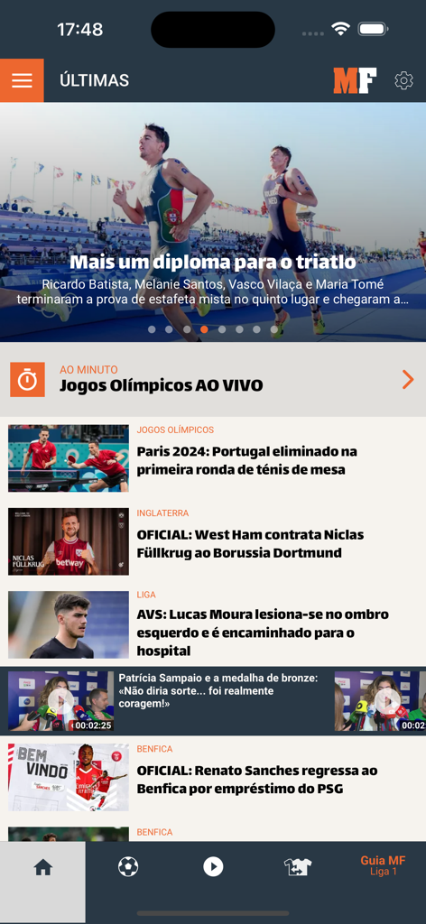 Maisfutebol - Screen showing latest sports news and transfer updates on the Maisfutebol app.