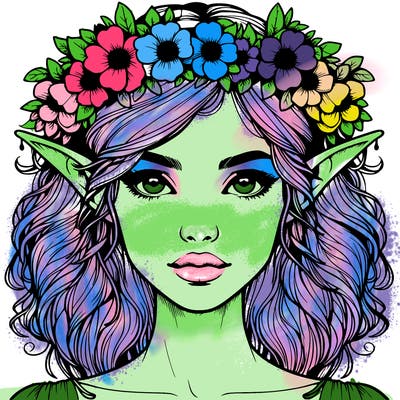 realistic female elf with flower crown