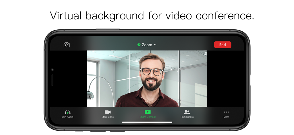 スマートフォンでZoomビデオ会議中にバーチャルオフィス背景を使用するプロフェッショナルな男性