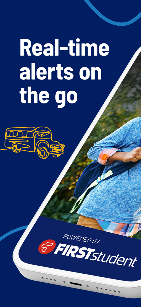 First View app promotional screen featuring real-time alerts for school bus tracking with a student and bus illustration.