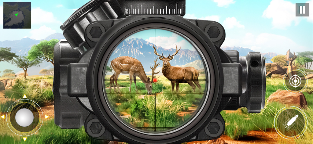 Sniper scope view aiming at deer in a mountain landscape
