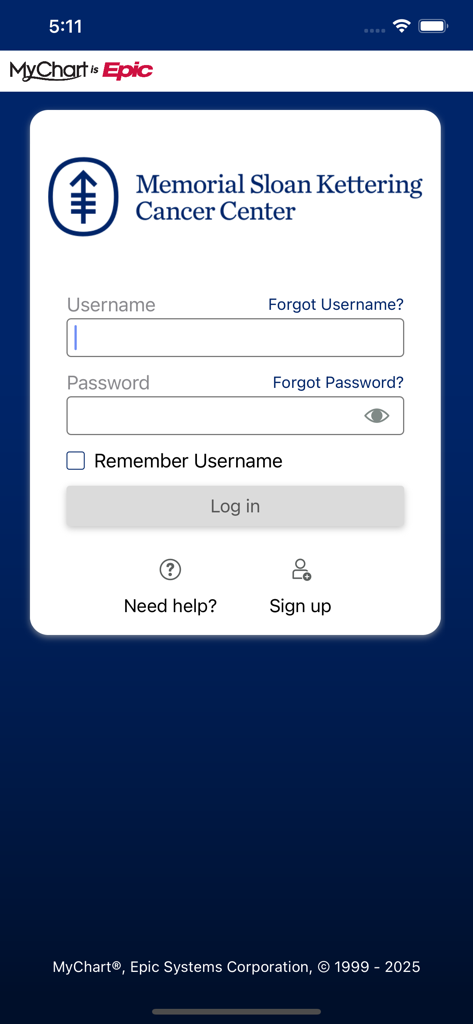 MSK MyChart - Login screen for the MSK MyChart app by Memorial Sloan Kettering Cancer Center.