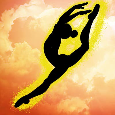 gymnast doing a leap in a leotard with a bent back leg