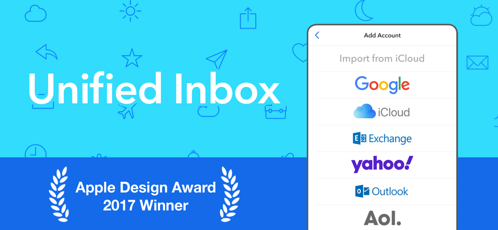 Airmail for Gmail Outlook IMAP - Airmail App-Bildschirm mit einheitlichem Posteingang und Konteneinrichtungsoptionen für Google iCloud und Outlook mit der Apple Design Award-Plakette.