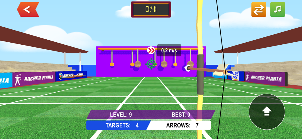 Gameplay aus der Ego-Perspektive von Archer Mania, das einen Bogen und Pfeil auf bewegliche Ziele auf einem 3D-Außen-Schießstand richtet.