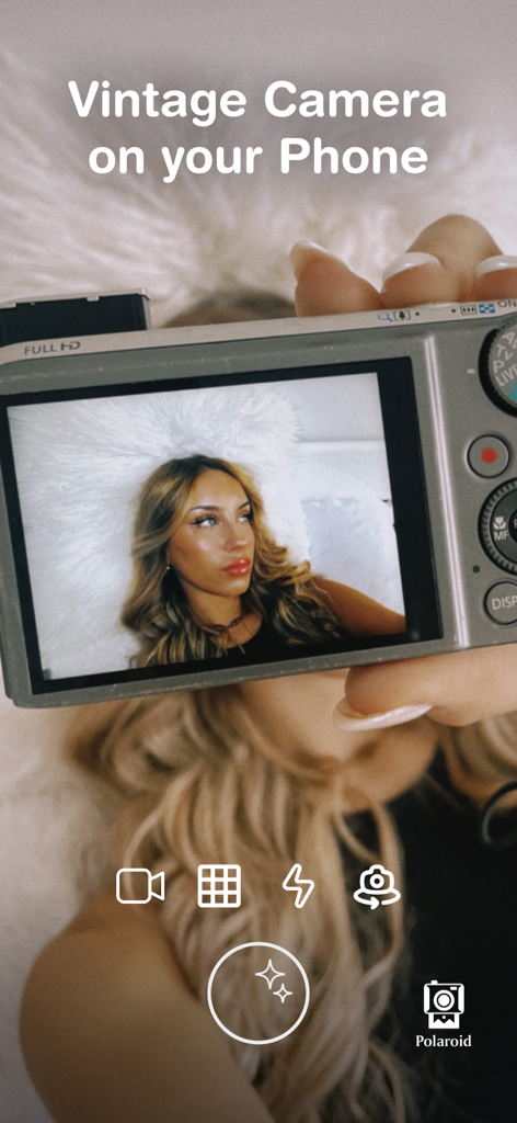 PRESETS: Filters for Pictures - PRESETS app interface showing a vintage camera filter effect on a photo of a woman