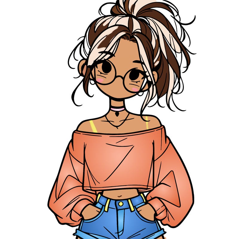 girl with a messy ponytail glasses a baggy crop top and jean shorts