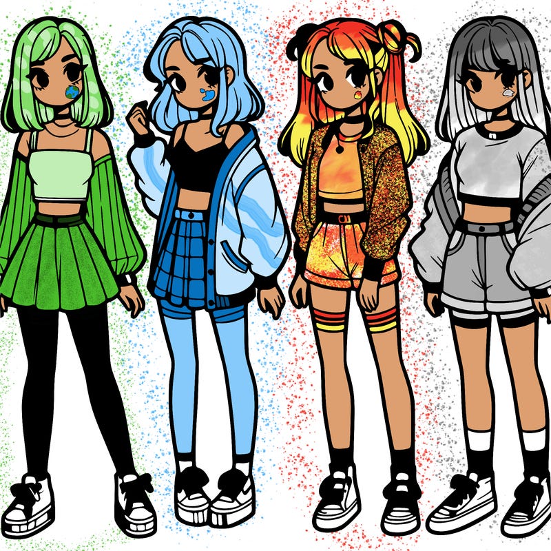 one girl with crop-top shirt and a jacket with a skirt, long socks and another girl with a shirt and pants with a jacket