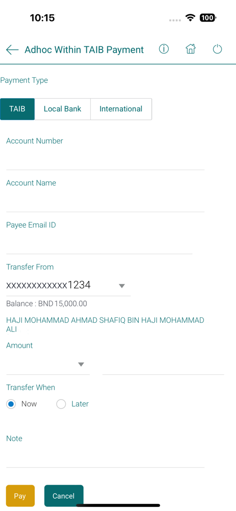 TAIBVX - TAIBVX mobile banking interface for making an adhoc internal payment transfer