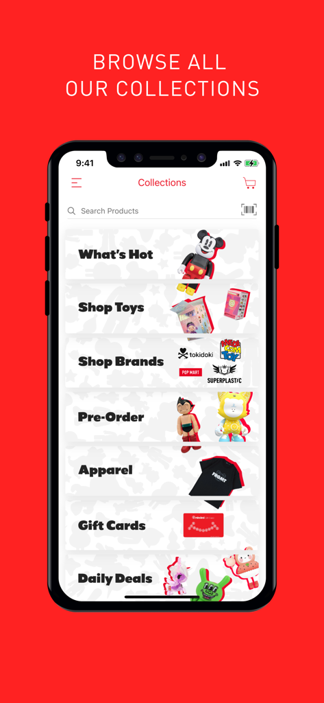 Mindzai Toy Shop - Pantalla de colecciones de la app Mindzai Toy Shop mostrando categorías de juguetes de diseñador como Whats Hot y Shop Brands