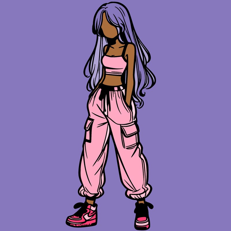 girl in baggy pants crop top and long hair