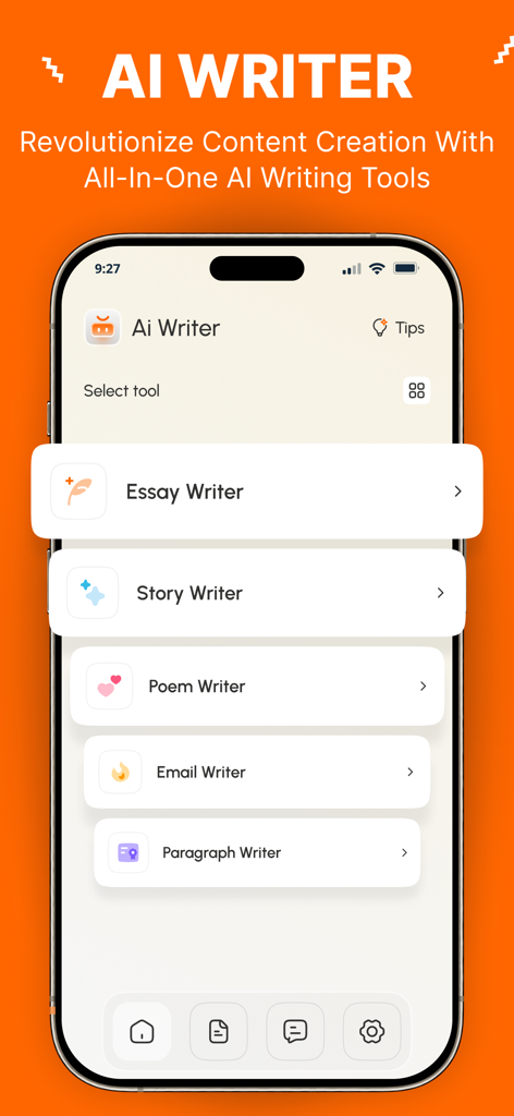 AI Writer: Essay, Story, Email - AI Writer app interface showing various writing tools including Essay Writer and Story Writer