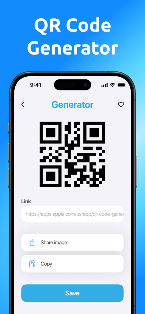 QR Code Generator Pro‎ - iPhone-Bildschirm, der einen generierten QR-Code mit Optionen zum Teilen und Speichern anzeigt
