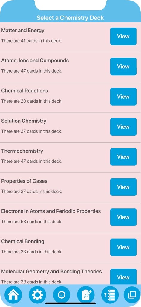 Science : Learn Chemistry - 物質とエネルギー、原子、化学反応などのトピックの化学フラッシュカードデッキのリスト。