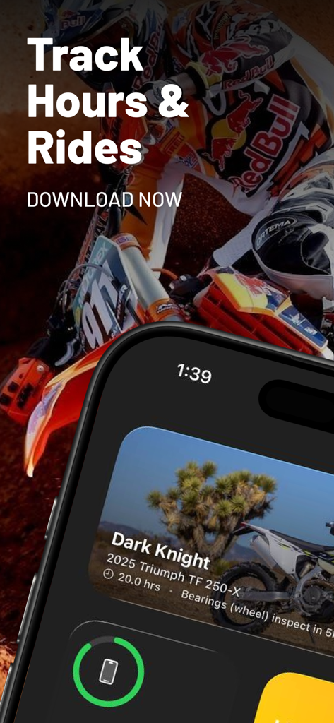 DirtTime app interface for tracking dirt bike hours and service reminders