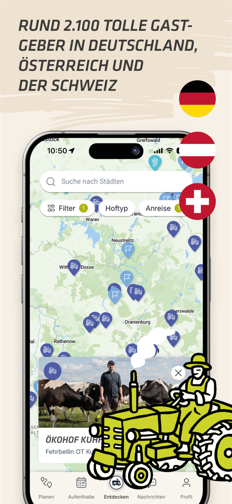 Landvergnügen Stellplatzführer - Interfaz de mapa de aplicación móvil mostrando ubicaciones de estancias en granjas para autocaravanas en Alemania, Austria y Suiza.