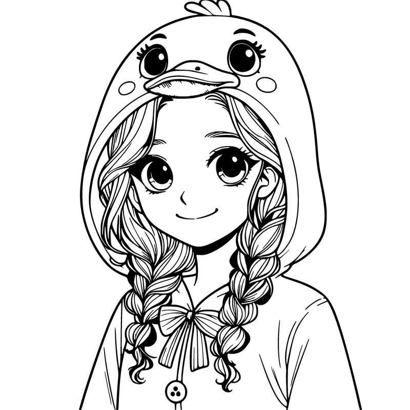 a young, realistic girl in a duck costume