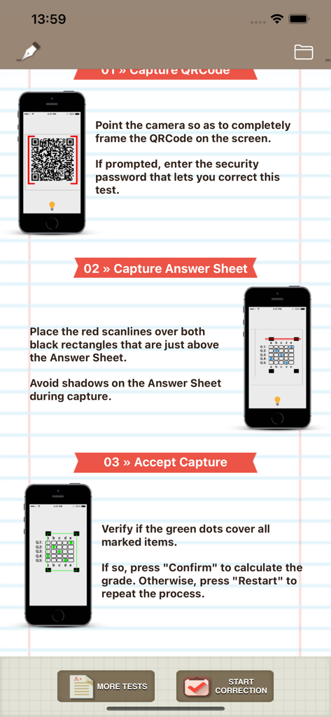 Step-by-step visual instructions for scanning QR codes and answer sheets using the Gradepen mobile app.