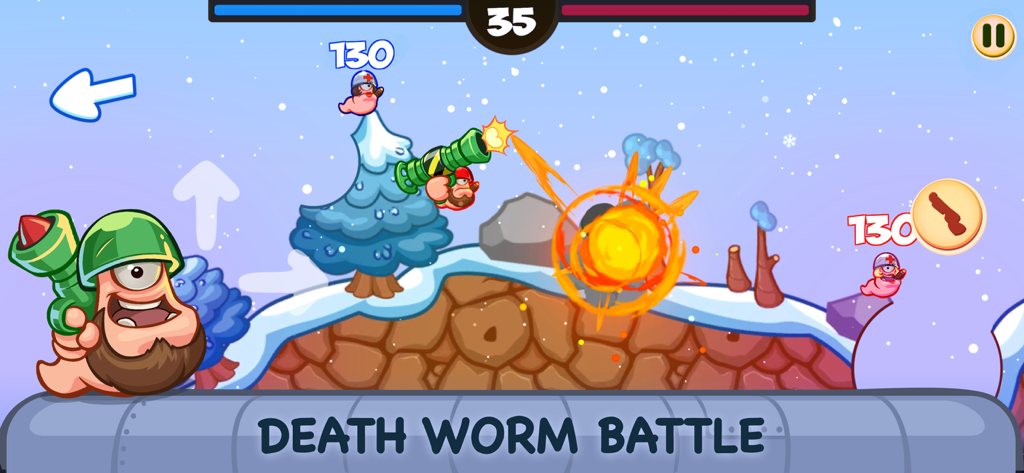 Cartoon worms engage in a tactical battle on a snowy map in Worm Battle Wormageddon