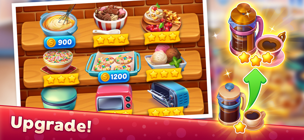 Menu screen showing upgrades for kitchen equipment and food items in Kitchen Craze