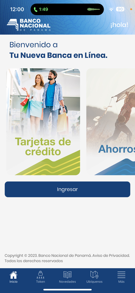Welcome screen of Banco Nacional de Panama mobile app showing options for credit cards and savings