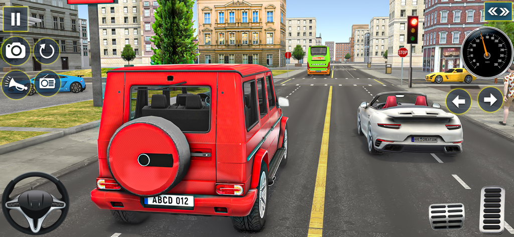 Car Driving Simulator Game - Red SUV driving through city traffic with dashboard UI in a driving simulator game
