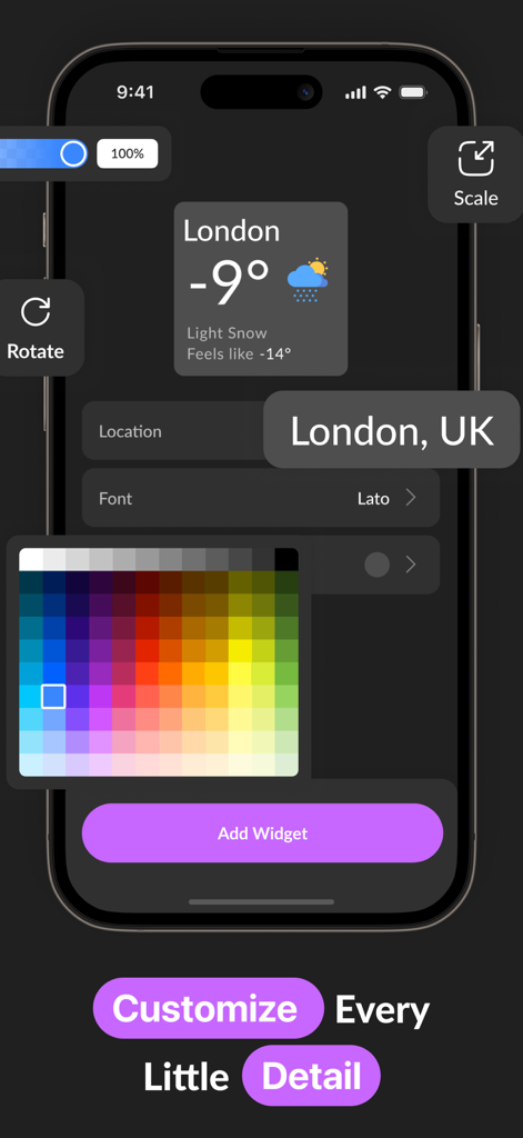 Car Widgets: Style Dashboard - Interfaz para personalizar widgets meteorológicos del coche con paleta de colores y opciones de fuente en un dispositivo móvil.