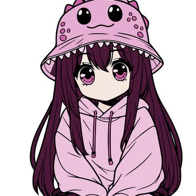 girl with anime shaped eyes with a dinosaur bucket hat oversized sweatshirt long straight hair